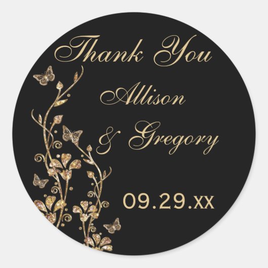 ブラック、金ゴールドフローラと蝶ステッカー ラウンドシール (正面)