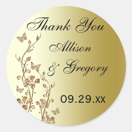ブラック、金ゴールドフローラと蝶ステッカー ラウンドシール (正面)