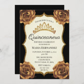 ブラック&金ゴールドフローラキンセアニェラ誕生日 招待状 (正面/裏面)