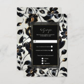 ブラック&金ゴールドフローラグリーゲエレガントウェディングRSVP 出欠カード (正面/裏面)