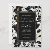 ブラック&金ゴールドフローラグリ結婚ージーズ 招待状 (正面)