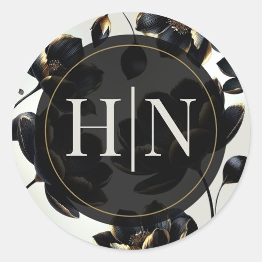 ブラック&金ゴールドフローラグレイゲエレガントな結婚式 ラウンドシール (正面)