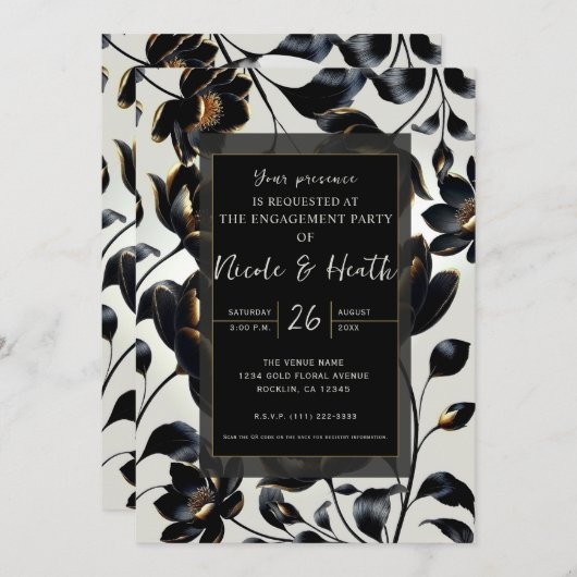 ブラック&金ゴールドフローラグレイゲ婚約 招待状 (正面/裏面)