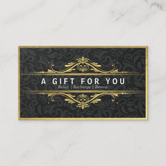 ブラック&金ゴールドフローラダマスクリネンギフト証明書 割引カード (正面)
