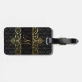 ブラック&金ゴールドフローラダマスク及びフレームモノグラム ラゲッジタグ (裏面横)