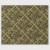 ブラック&金ゴールドフローラダマスク幾何学模様 ラッピングペーパー (フラット)