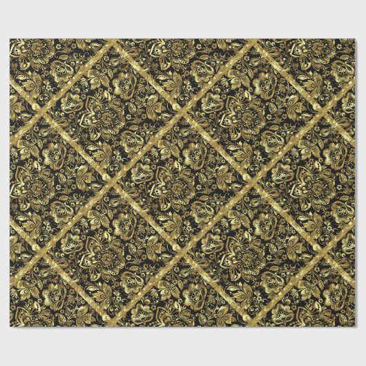 ブラック&金ゴールドフローラダマスク幾何学模様 ラッピングペーパー (フラット)