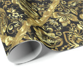 ブラック&金ゴールドフローラダマスク幾何学模様 ラッピングペーパー (ロールコーナー)