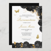 ブラック&金ゴールドフローラバタフライキンセエレガントーニェラ 招待状 (正面/裏面)