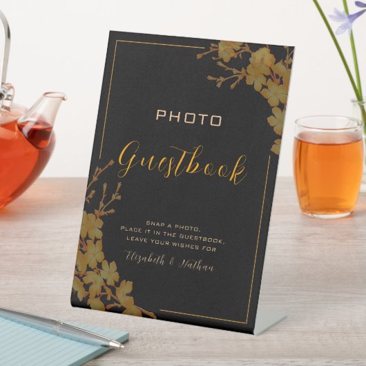 ブラック&金ゴールドフローラフォトゲストブック 台座サイン (インサイチュ)