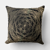 ブラック&金ゴールドフローラマンダラビューティフルスタイリッシュシック クッション (正面)