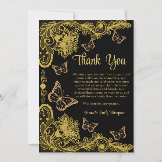 ブラック&金ゴールドフローラレース結婚の記念日 サンキューカード (正面)