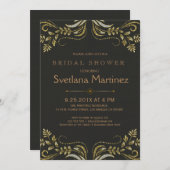 ブラック&金ゴールドフローラレース2ブライダルシャワー招待状 招待状 (正面/裏面)
