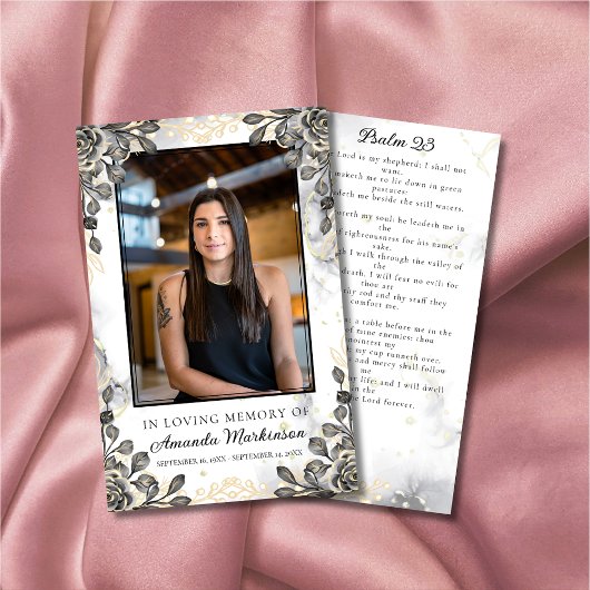 ブラック&金ゴールドフローラ大理石葬儀祈りの言葉 名刺