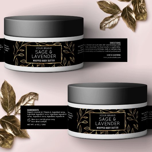 ブラック&金ゴールドフローラ4 OZスキンケア化粧品ジャー ラップアラウンドラベル