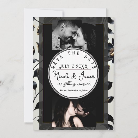 ブラック&金ゴールドフローラGreigeウェディング日付を保存 (正面)