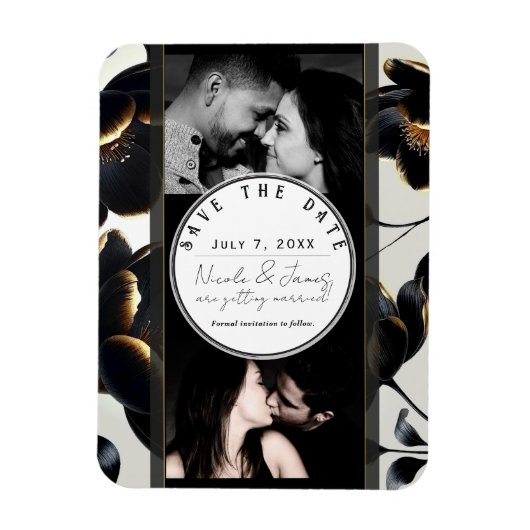 ブラック&金ゴールドフローラGreigeウェディング日付を保存 マグネット (縦)