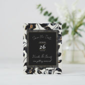 ブラック&金ゴールドフローラGreigeウェディング日付を保存 案内ポストカード (スタンド正面)