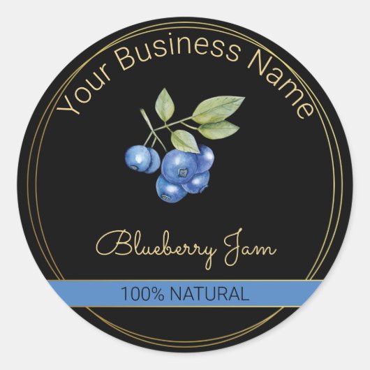 ブラック&金ゴールドブルーベリージャム製品ラベル ラウンドシール (正面)