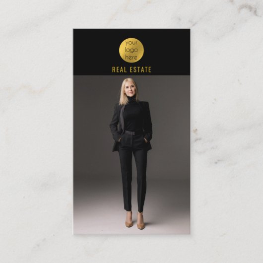 ブラック&金ゴールドプロフェッショナルフォト実在エステートエージェント 名刺 (正面)