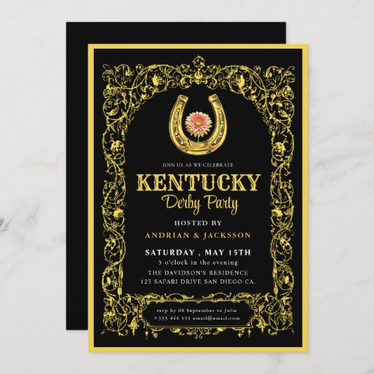 ブラック&金ゴールドホースレースダービーパーティの招待状 招待状 (正面/裏面)