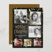 ブラック&金ゴールドボタニカルメリークリスマス6写真 シーズンポストカード (正面/裏面)