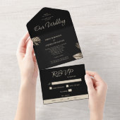 ブラック&金ゴールドボモダンタニカル結婚ズ オールインワン招待状 (貼ってはがせる)