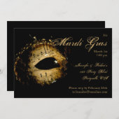 ブラック&金ゴールドマスクマルディグラスパーティー 招待状 (正面/裏面)