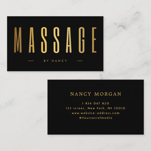 ブラック&金ゴールドマッサージセラピストミニマル 名刺 (正面/裏面)