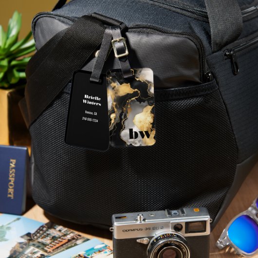 ブラック&金ゴールドマーブルカスタム文字 ラゲッジタグ (正面&裏面)