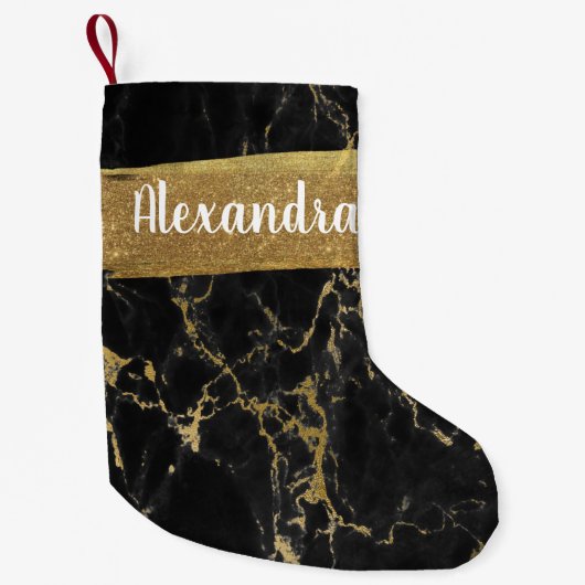 ブラック&金ゴールドマーブルグリッターとスパークル スモールクリスマスストッキング (正面)