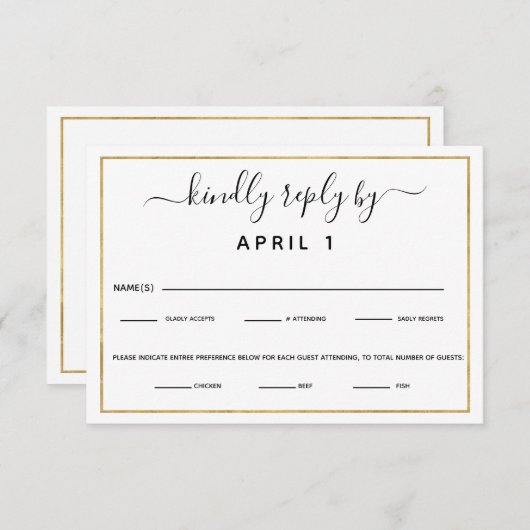 ブラック&金ゴールドミール選択披露宴ディナーRSVP 出欠カード (正面/裏面)