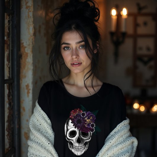 ブラック&金ゴールドムーディフローラハロウィーンスカル トライブレンドＴシャツ