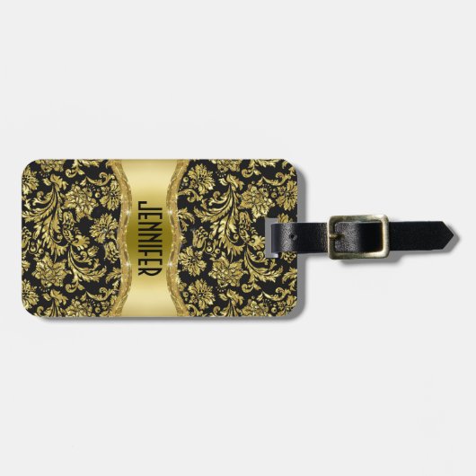 ブラック&金ゴールドメタリックフローラダマスクカスタマイズ- ラゲッジタグ (正面横)