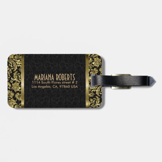 ブラック&金ゴールドメタリックフローラダマスクカスタマイズ- ラゲッジタグ (裏面横)