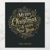 ブラック&金ゴールドメリークリスマススクリプトワインラベル ワインラベル (シングルラベル)