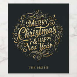ブラック&金ゴールドメリークリスマススクリプトワインラベル ワインラベル