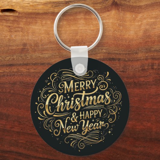 ブラック&金ゴールドメリークリスマスタイポグラフィスクリプト キーホルダー (正面)