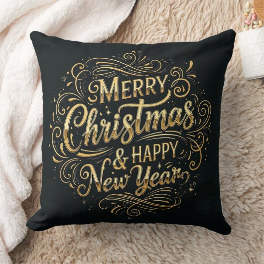 ブラック&金ゴールドメリークリスマス&ハッピーニューイヤー クッション (ブランケット)