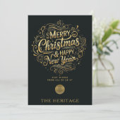 ブラック&金ゴールドメリークリスマス&ハッピーニューイヤー シーズンカード (スタンド正面)