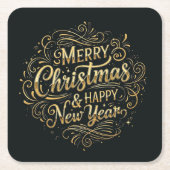 ブラック&金ゴールドメリークリスマス&ハッピーニューイヤー スクエアペーパーコースター (正面)