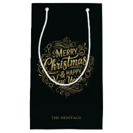 ブラック&金ゴールドメリークリスマス&ハッピーニューイヤー スモールペーパーバッグ