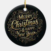 ブラック&金ゴールドメリークリスマス&ハッピーニューイヤー セラミックオーナメント (裏面)