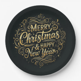 ブラック&金ゴールドメリークリスマス&ハッピーニューイヤー ペーパープレート