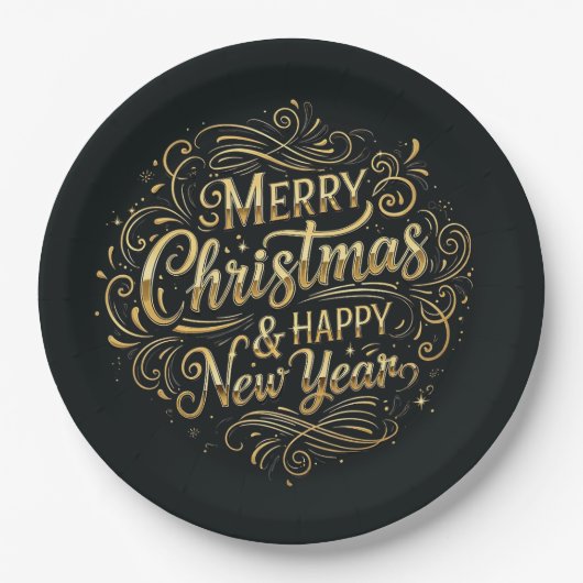 ブラック&金ゴールドメリークリスマス&ハッピーニューイヤー ペーパープレート (正面)