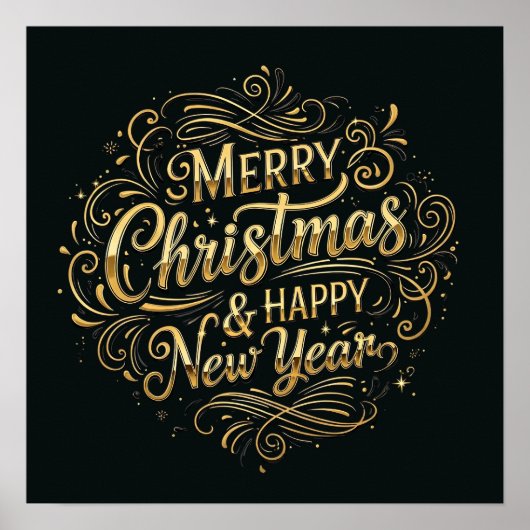 ブラック&金ゴールドメリークリスマス&ハッピーニューイヤー ポスター (正面)