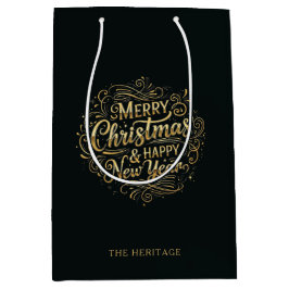 ブラック&金ゴールドメリークリスマス&ハッピーニューイヤー ミディアムペーパーバッグ