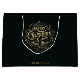ブラック&金ゴールドメリークリスマス&ハッピーニューイヤー ラージペーパーバッグ