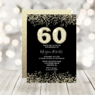 ブラック&金ゴールドメンズまたは女性60th誕生日パーティー 招待状