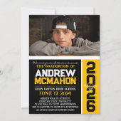 ブラック&金ゴールドモダンの卒業写真のお知らせ 招待状 (正面)